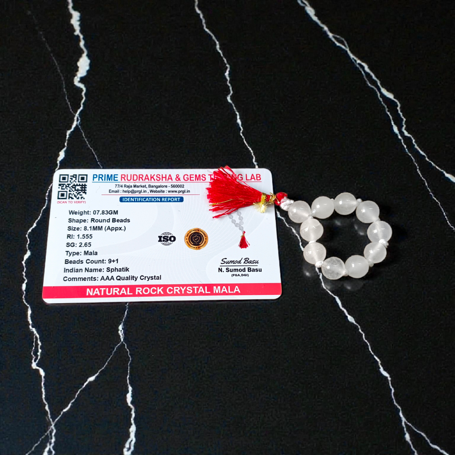Natural Rock Crystal Finger Mala 9+1 Beads, Sphatik 8mm Beads, AAA Quality Lab Certified