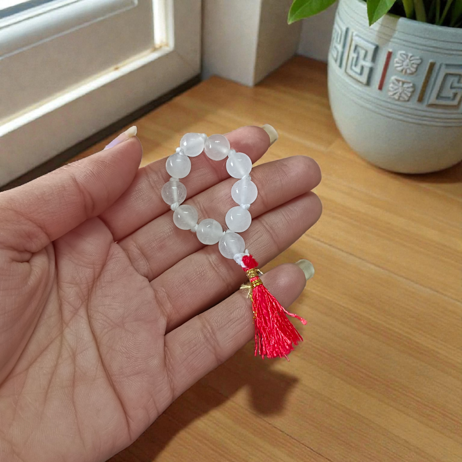Natural Rock Crystal Finger Mala 9+1 Beads, Sphatik 8mm Beads, AAA Quality Lab Certified