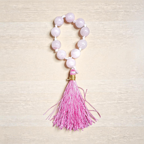 Natural Rose Quartz Finger Mala with 9+1 polished pink beads, handcrafted for meditation, emotional healing, and inner peace