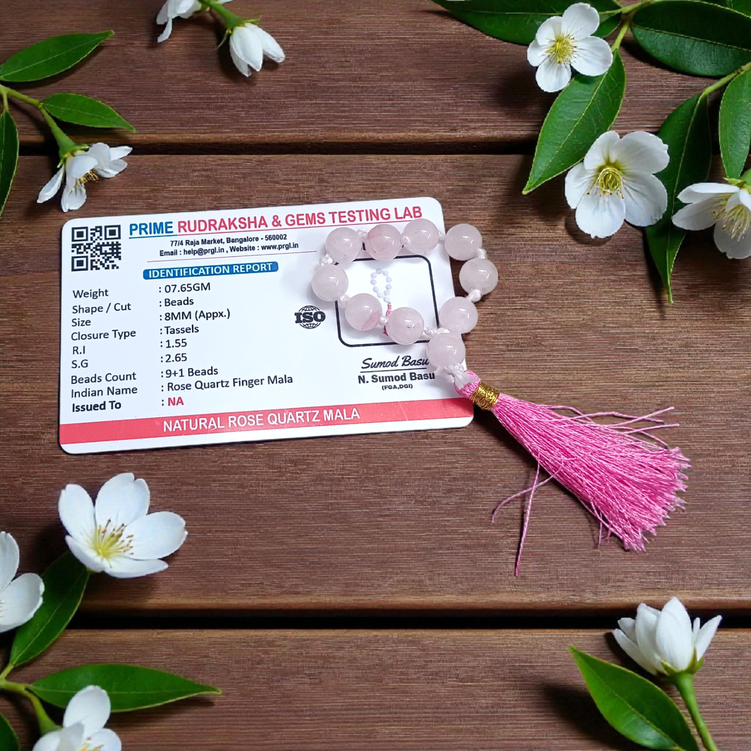 Natural Rose Quartz Finger Mala with 9+1 polished pink beads, handcrafted for meditation, emotional healing, and inner peace