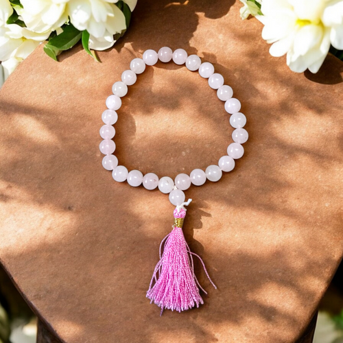 Natural Rose Quartz Mala with 8mm pink gemstone beads for meditation and healing