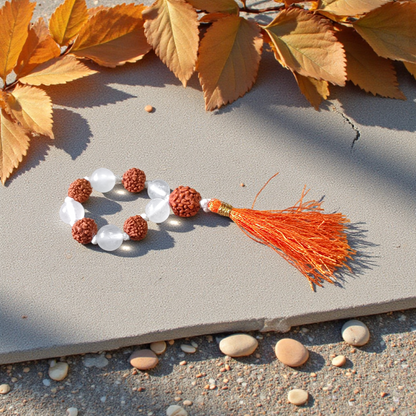 Natural Rudraksha Crystal Finger Mala 9+1 Beads, Rudraksha Sphatik Mala 8-9mm, Lab Certified