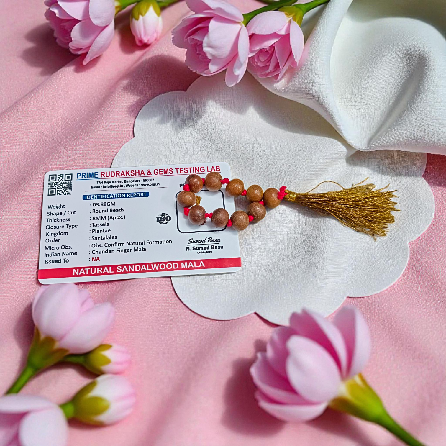 Natural Sandalwood (Chandan) Finger Mala with 9+1 lab-certified aromatic beads, handcrafted for meditation, mantra chanting, and spiritual growth by MALAWALA