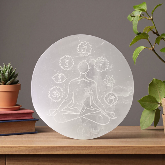 Natural Selenite 7 Chakra Meditation Plate for crystal charging, Reiki healing, and energy balancing