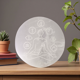 Natural Selenite 7 Chakra Meditation Plate for crystal charging, Reiki healing, and energy balancing