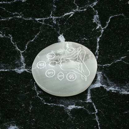 Natural Selenite 7 Chakra Meditation Plate for crystal charging, Reiki healing, and energy balancing