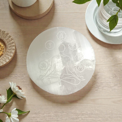 Natural Selenite 7 Chakra Meditation Plate for crystal charging, Reiki healing, and energy balancing