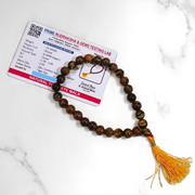 Natural Tiger Eye Mala with 108+1 beads and guru bead, handcrafted and polished, used for meditation and protection