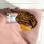 Natural Tiger Eye Mala with 108+1 beads and guru bead, handcrafted and polished, used for meditation and protection
