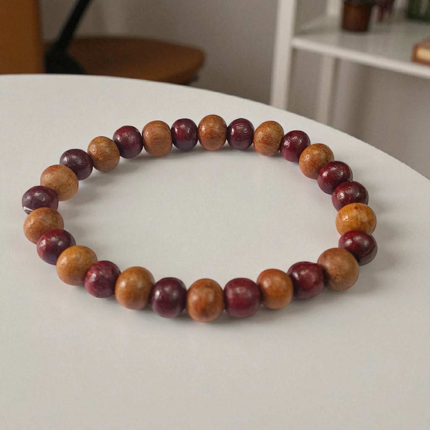Natural White and Red Sandalwood (Chandan) Bracelet with 7-8mm polished beads, stretchable thread, and alternating design pattern