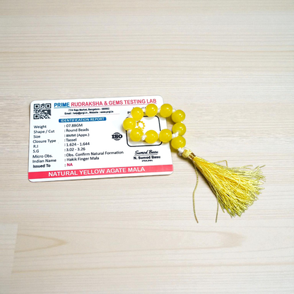 Natural Yellow Agate Finger Mala with 9+1 polished yellow Hakik beads, handcrafted for meditation, chanting, and energy balancing
