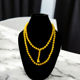 Natural Yellow Hakik Mala 8MM beads with spiritual threadwork and lab certificate, displayed in two variants