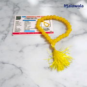 Natural Yellow Hakik Mala 8MM beads with spiritual threadwork and lab certificate, displayed in two variants