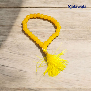 Natural Yellow Hakik Mala 8MM beads with spiritual threadwork and lab certificate, displayed in two variants