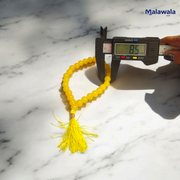 Natural Yellow Hakik Mala 8MM beads with spiritual threadwork and lab certificate, displayed in two variants