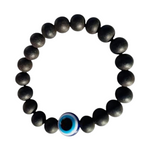 Natural unpolished ebony wood (Karungali Kattai) bracelet with blue evil eye bead – protection and grounding wristband for men and women
