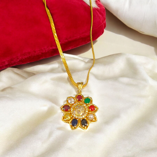 Navratan Locket - Nine Gemstones with Om Symbol for Spiritual Balance & Protection - Malawala