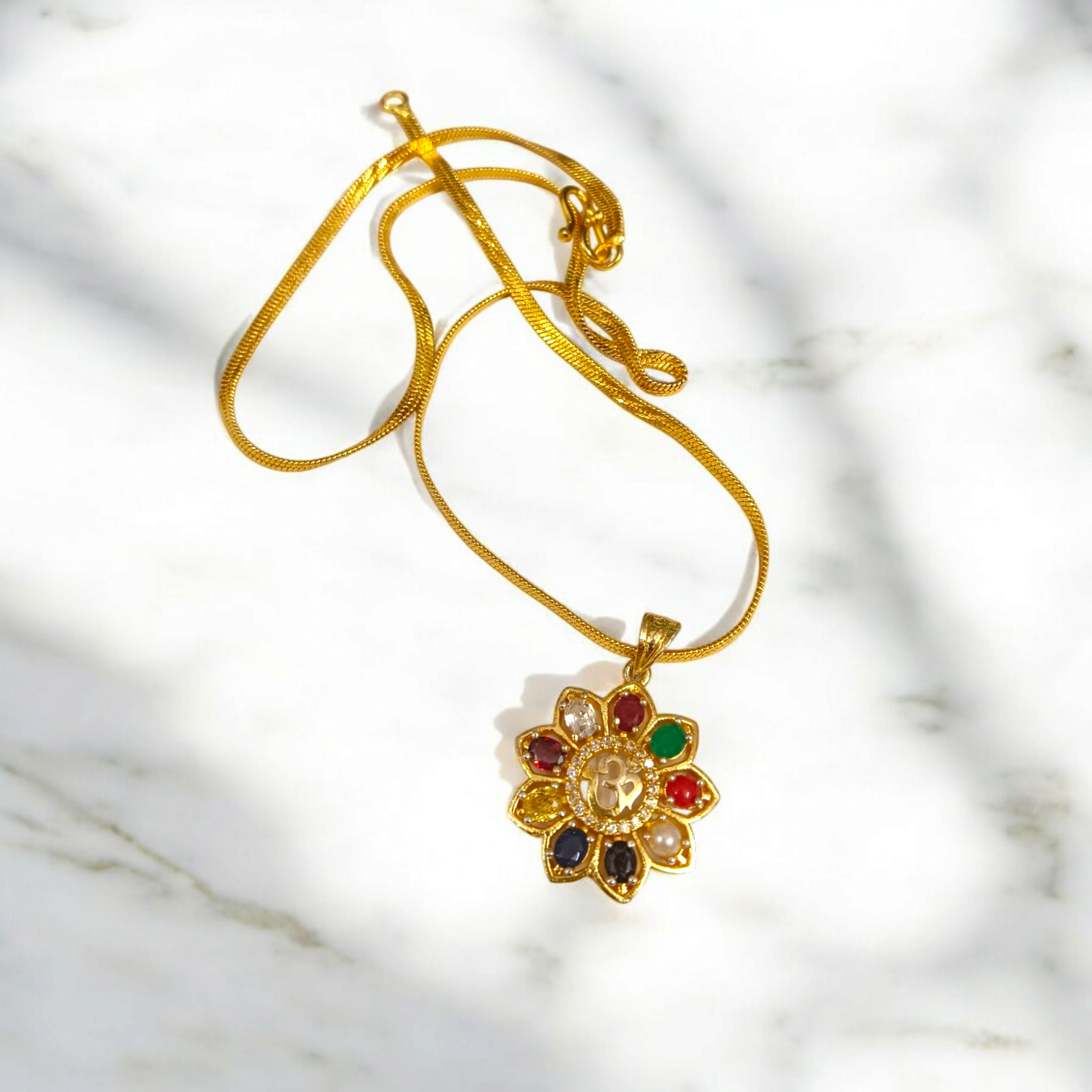 Navratan Locket - Nine Gemstones with Om Symbol for Spiritual Balance & Protection - Malawala