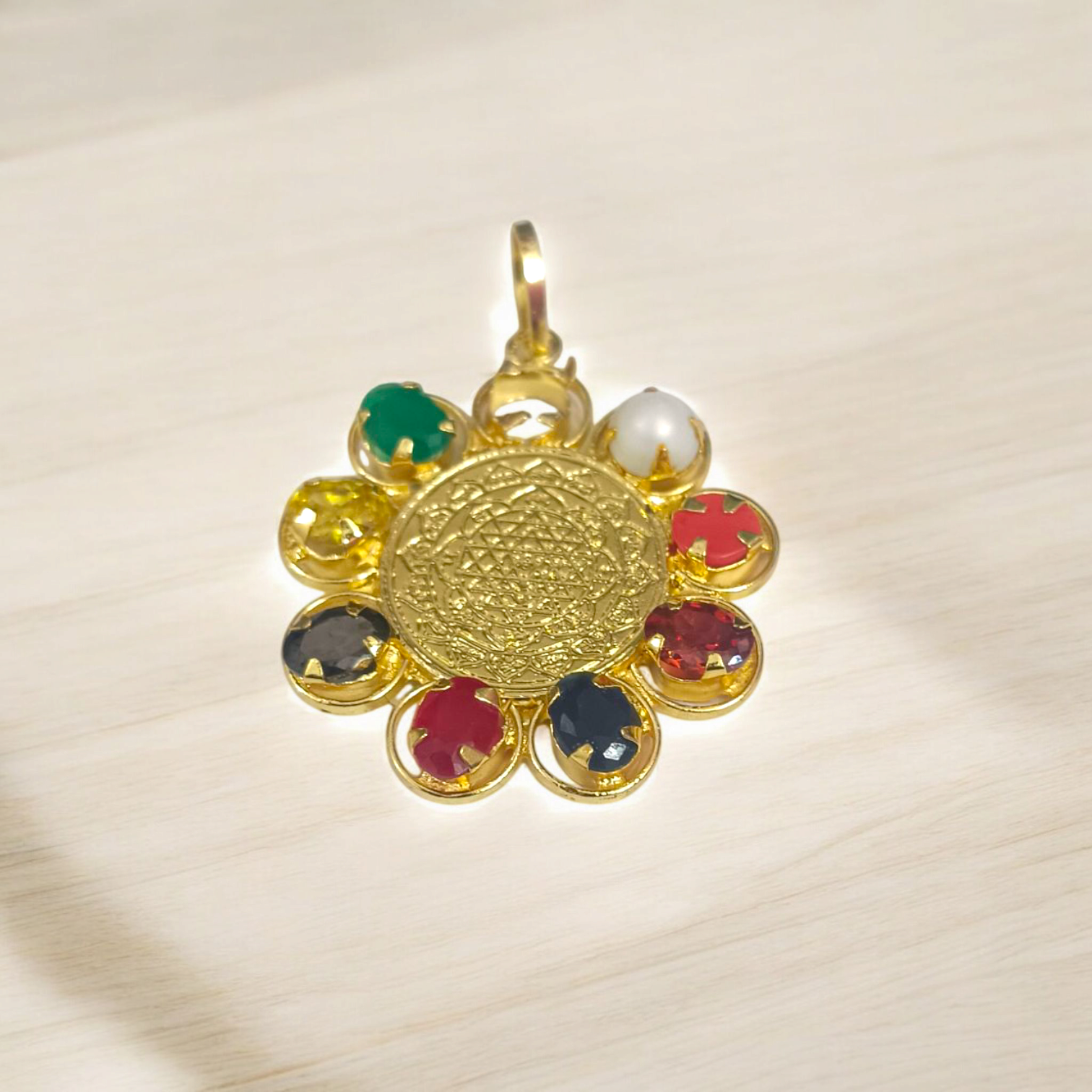 Navratna Locket with Shri Yantra Pendant - Nine Gemstones & Shri Yantra for Blessings & Spiritual Protection - Malawala