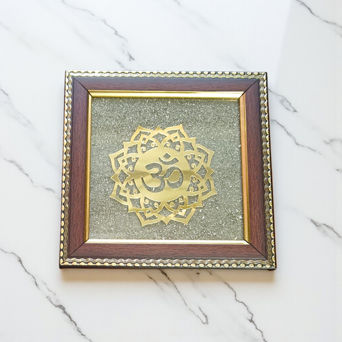 Om Shanti Yantra framed with raw pyrite in a 7x7 inch handcrafted wooden frame, ideal for meditation, pooja, or yoga rooms