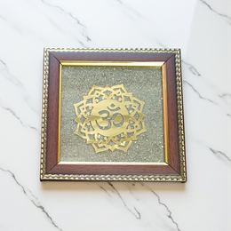 Om Shanti Yantra framed with raw pyrite in a 7x7 inch handcrafted wooden frame, ideal for meditation, pooja, or yoga rooms