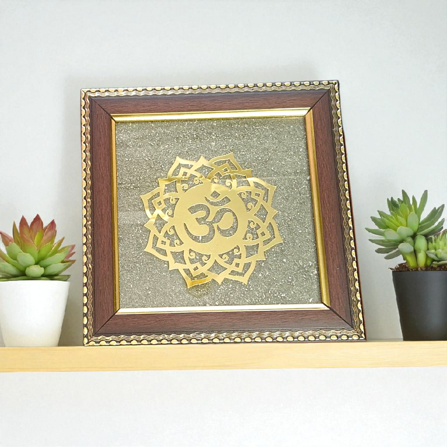 Om Shanti Yantra framed with raw pyrite in a 7x7 inch handcrafted wooden frame, ideal for meditation, pooja, or yoga rooms