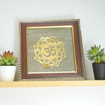 Om Shanti Yantra framed with raw pyrite in a 7x7 inch handcrafted wooden frame, ideal for meditation, pooja, or yoga rooms