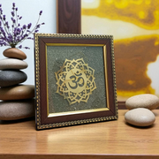 Om Shanti Yantra framed with raw pyrite in a 7x7 inch handcrafted wooden frame, ideal for meditation, pooja, or yoga rooms
