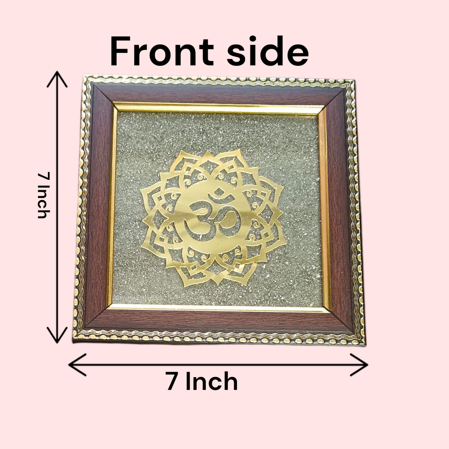 Om Shanti Yantra framed with raw pyrite in a 7x7 inch handcrafted wooden frame, ideal for meditation, pooja, or yoga rooms