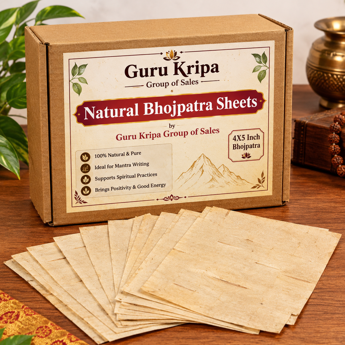 Original Bhojpatra Sheet 5 x 4 Inch for Yantra and Mantra Writing – 5 Pieces with Practice Sheet by Malawala