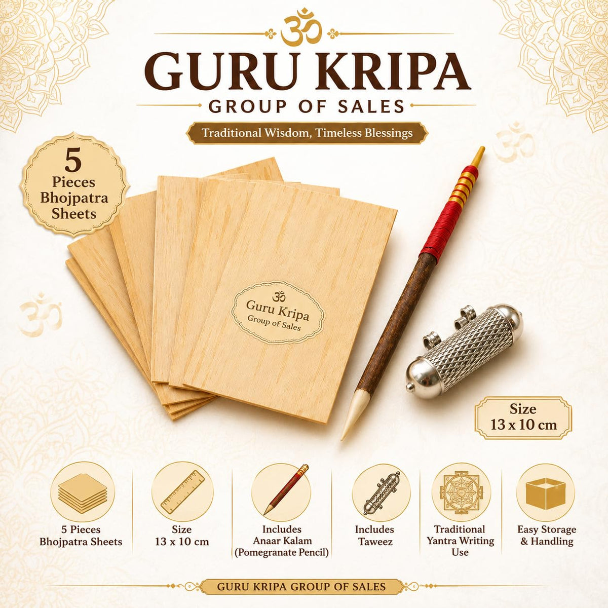 Original Bhojpatra Writing Sheets 5 Pieces 13x10 cm with Anaar Kalam Pomegranate Pencil and Taweez Kit by Malawala