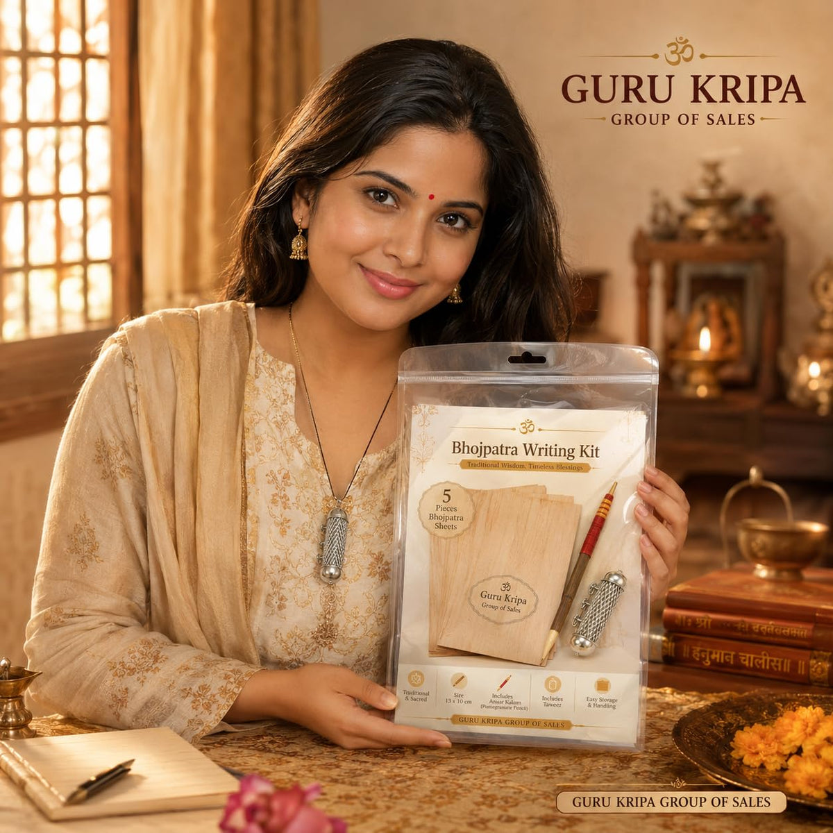 Original Bhojpatra Writing Sheets 5 Pieces 13x10 cm with Anaar Kalam Pomegranate Pencil and Taweez Kit by Malawala