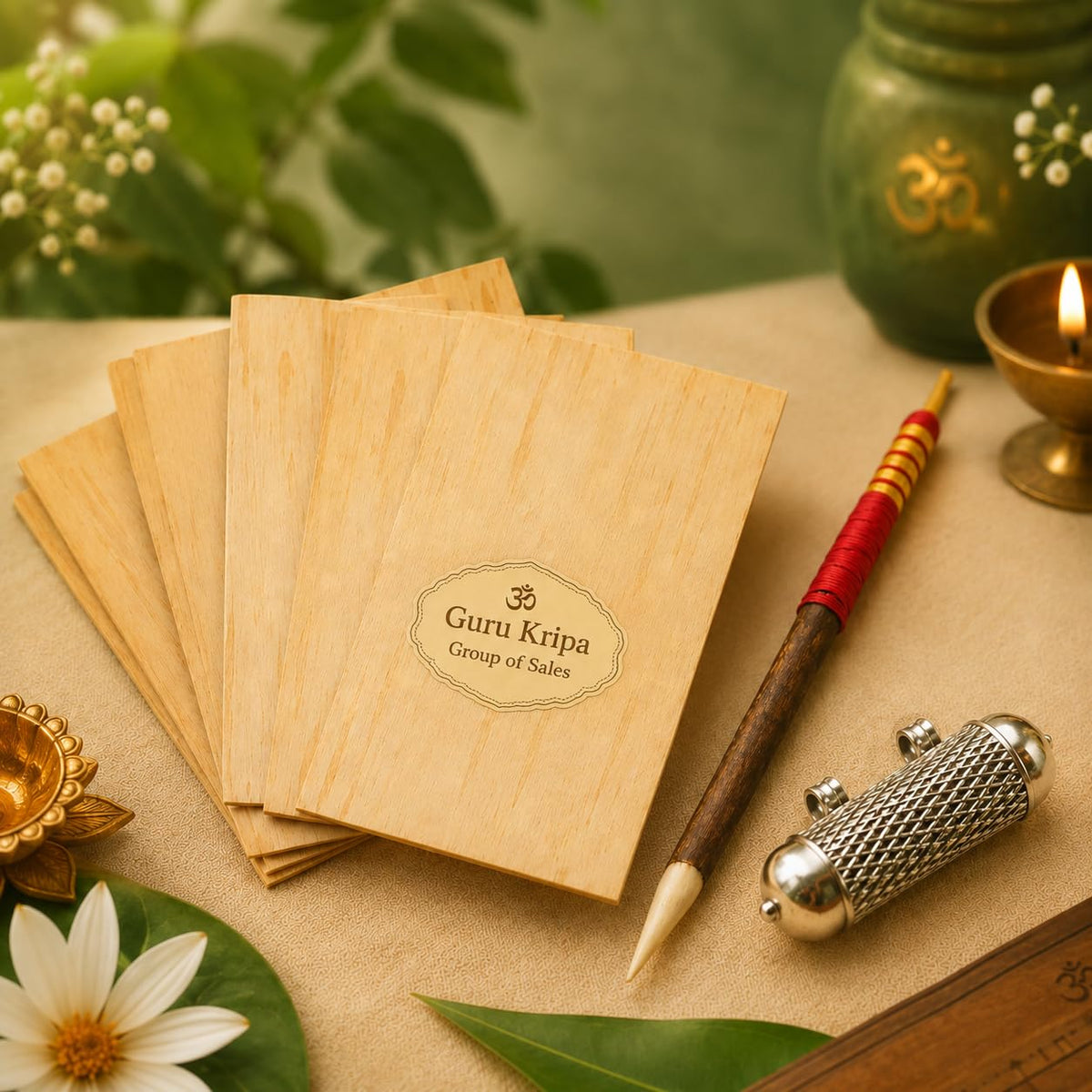 Original Bhojpatra Writing Sheets 5 Pieces 13x10 cm with Anaar Kalam Pomegranate Pencil and Taweez Kit by Malawala