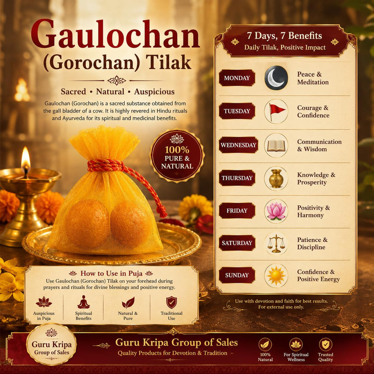 Original Gaulochan Gorochan for Traditional Puja, Tilak, Tantra and Sadhana Ritual Use by Malawala
