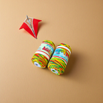 Pack of 2 multi-colored cotton moli threads with red, yellow, and green twists, neatly coiled for pooja use