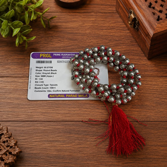 Parad Mala - Natural Mercury Beads for Spiritual Strength & Purification with Lab Certificate - Malawala