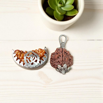 Pendant featuring 1 Mukhi and 4 Mukhi Rudraksha beads set in metal caps, placed against a clean background – spiritual and certified