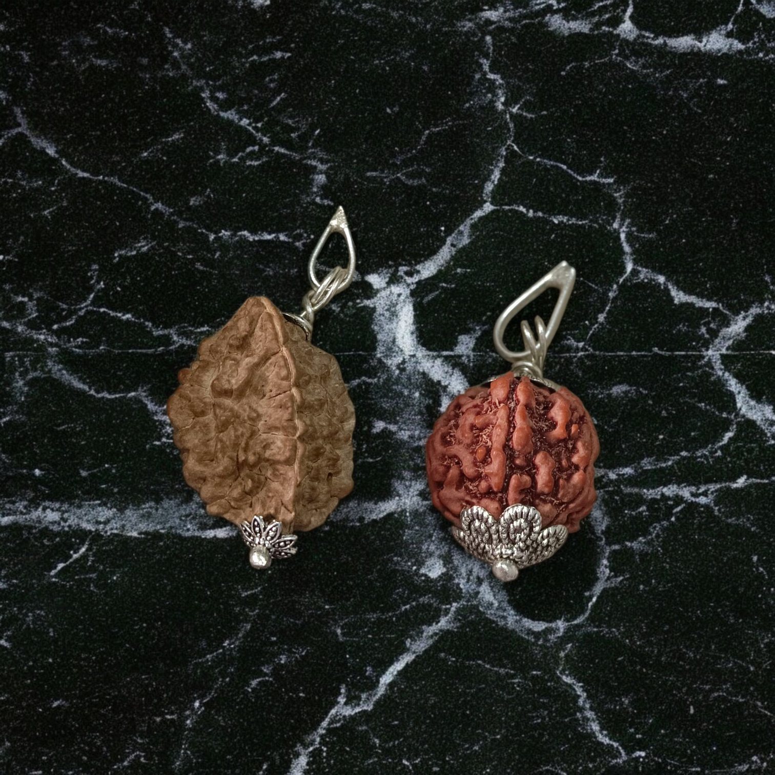 Pendant featuring lab certified 2 Mukhi and 5 Mukhi Rudraksha beads set in traditional metal caps, designed for peace, protection, and spiritual growth