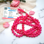 Pink Hakik Mala made from natural pink agate beads with 108+1 and 27+1 variants, used for meditation and emotional healing