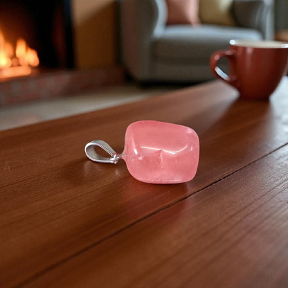 Polished rose quartz tumble pendant with silver chain, displayed on a neutral background, highlighting soft pink color and smooth finish