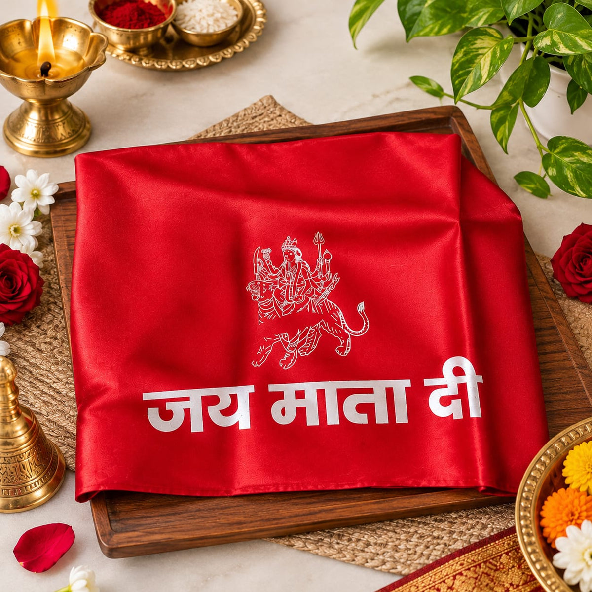 Premium red satin Jai Mata Di patka and headscarf for Navratri puja, Mata Rani jagran, Kanjak Pujan and devotional ceremonies