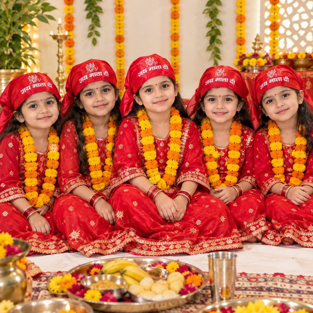 Premium red satin Jai Mata Di patka and headscarf for Navratri puja, Mata Rani jagran, Kanjak Pujan and devotional ceremonies