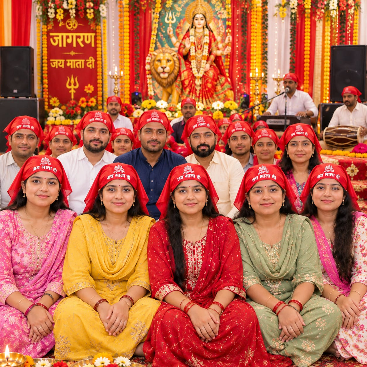 Premium red satin Jai Mata Di patka and headscarf for Navratri puja, Mata Rani jagran, Kanjak Pujan and devotional ceremonies