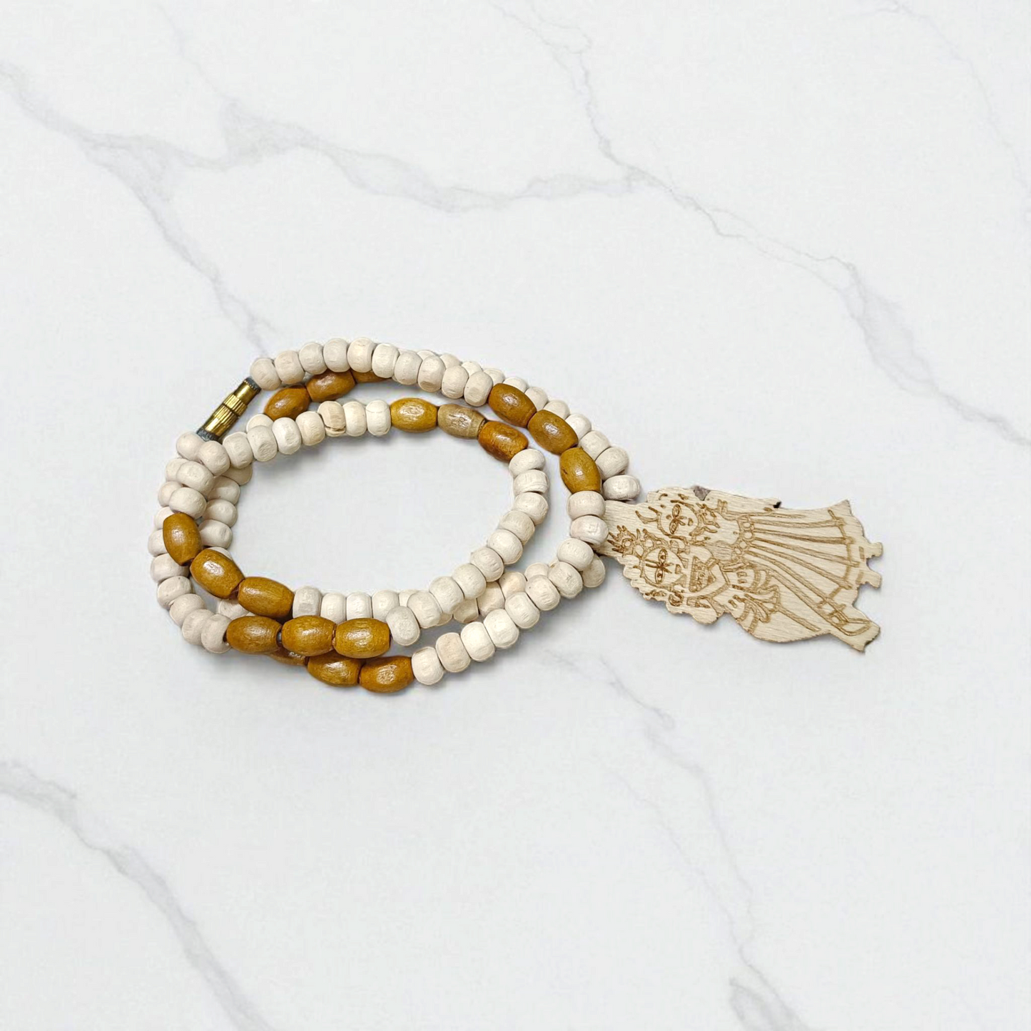 Radha Krishna Tulsi Chandan Mala featuring alternating Tulsi and sandalwood beads, engraved pendant, and screw-lock clasp, displayed neatly