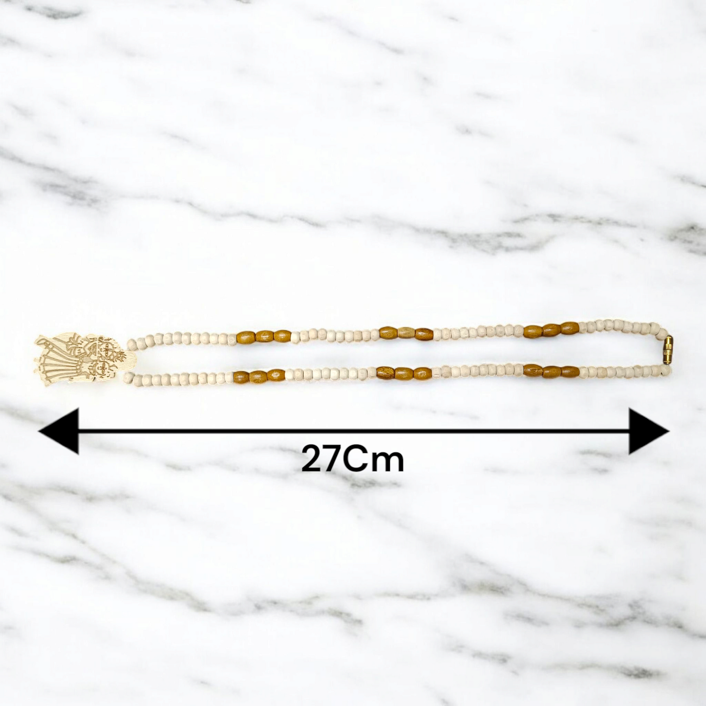 Radha Krishna Tulsi Chandan Mala featuring alternating Tulsi and sandalwood beads, engraved pendant, and screw-lock clasp, displayed neatly