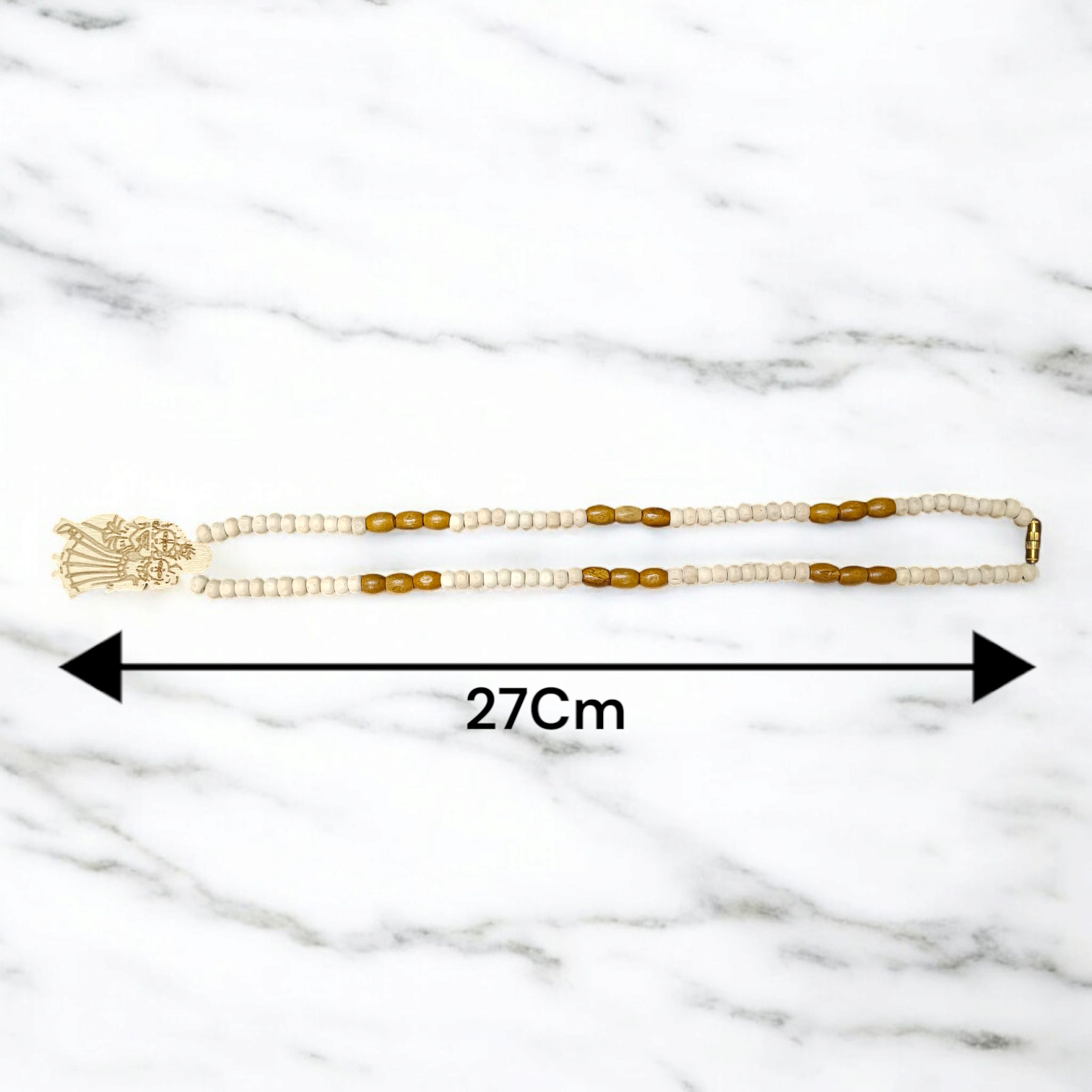 Radha Krishna Tulsi Chandan Mala featuring alternating Tulsi and sandalwood beads, engraved pendant, and screw-lock clasp, displayed neatly