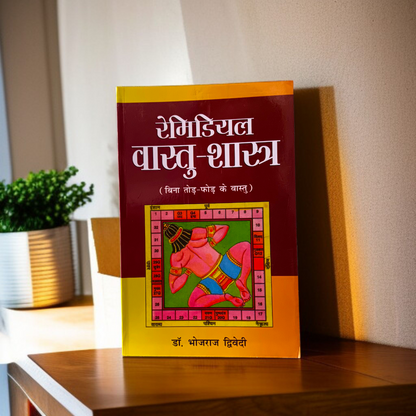 Remedial Vastu-Shastra In Hindi Book by MALAWALA placed on a wooden table with incense and diya, representing harmony and balance at home and office