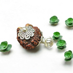 Rudraksha Ganesh Pendant with natural brown beads and silver-coated Ganesha idol, placed on a spiritual-themed background