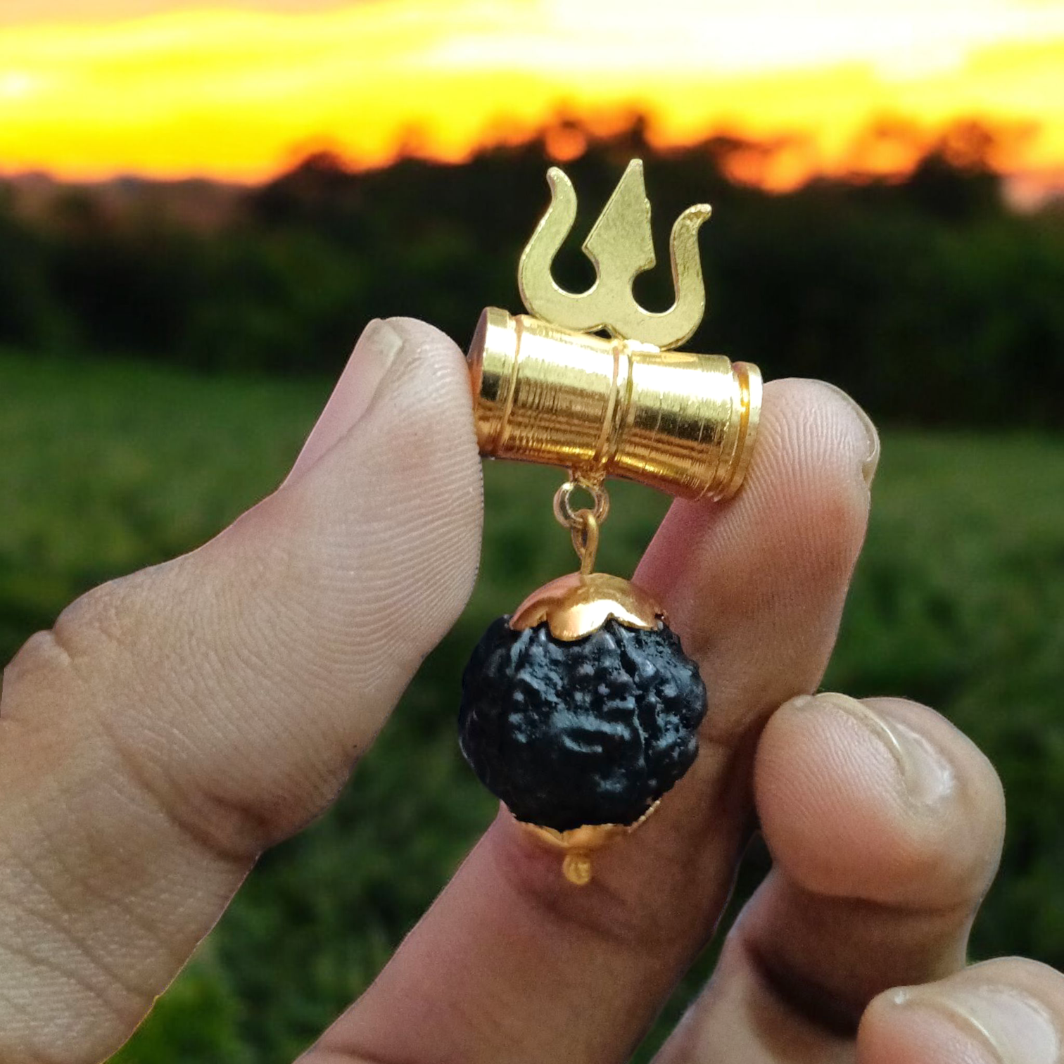 Rudraksha Locket with Brass Damru Trishul - Natural Rudraksha with Brass Trishul & Damru for Spiritual Protection & Blessings - Malawala