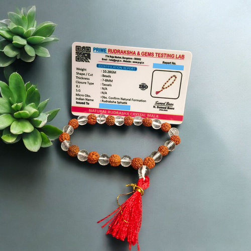 Rudraksha Sphatik Mala by Malawala featuring alternating 5 Mukhi Rudraksha and Sphatik beads, available in 27+1 and 108+1 variants with lab certification